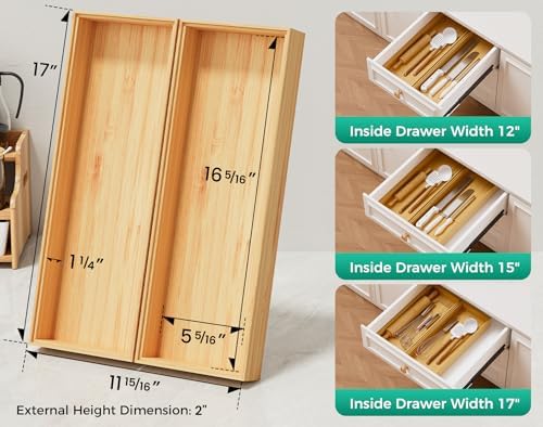 Long Bamboo Kitchen Drawer Organizer Boxes 17" x 6" Wood Pantry Organizers