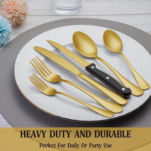 36 Pcs Gold Silverware Set with Steak Knives, Stainless Steel Flatware Cutlery Set for 6, Kitchen Tableware Sets, Utensil Sets for Home and Restaurant, Dishwasher Safe