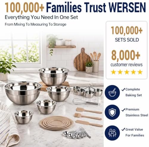 WEPSEN Mixing Bowls Set, 25PCS Khaki Mixing Bowls With Lids Set Stainless Steel Kitchen Large Nesting Metal Bowl 7QT to 1.5QT, Measuring Cups and Spoons for Prepping Cooking Serving