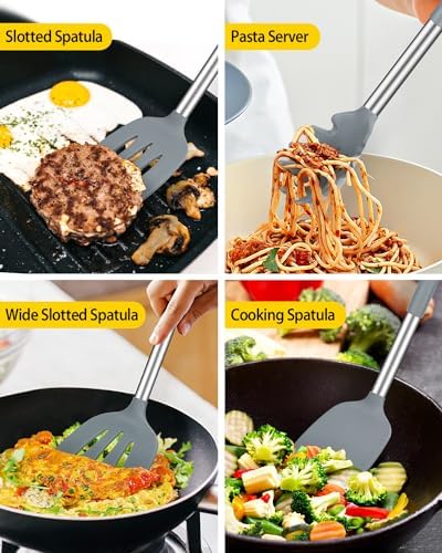 Silicone Kitchen Utensils Set, 8Pcs Cooking Utensils with Holder, Gray