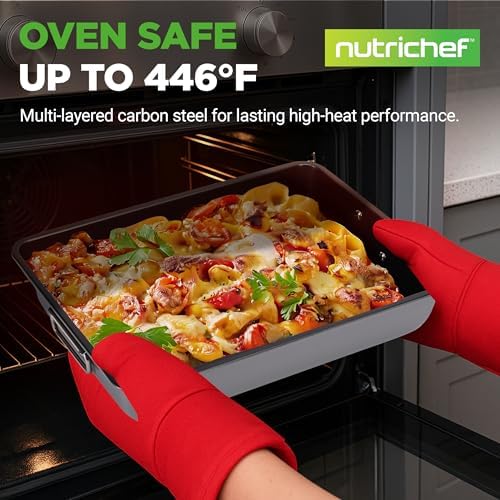 NutriChef 8-Piece Nonstick Stackable Bakeware Set – Non Toxic Carbon Steel Baking Trays W/Cookies Sheet Muffin, Loaf, Cake, Round & Square Pan – Easy To clean & Easy to Release, Oven Safe – Gray
