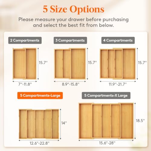 Lifewit Bamboo Utensil Organizer for Kitchen Drawer, Cooking Utensil Tray