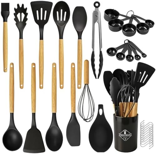 33 Pcs Silicone Kitchen Cooking Utensils Set, Wood Handle & Holder