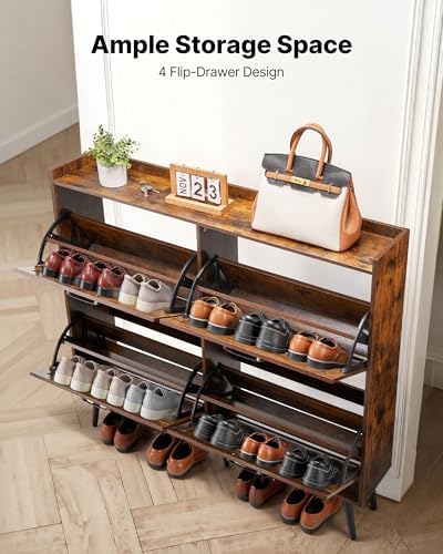 VEVOR Shoe Cabinet with 4 Flip Drawers, Farmhouse Shoes Storage Cabinet with Wood Legs and Anti-Tipping Device, Freestanding Shoe Organizer Ideal for Entryway, Hallway, Bedroom, Living Room, Brown