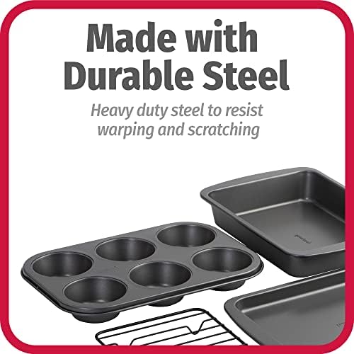 GoodCook 4-Piece Nonstick Steel Toaster Oven Set with Sheet Pan, Rack, Cake Pan, and Muffin Pan, Gray, 4-Piece Set Distributes Heat Evenly, Nonstick Coating, Dishwasher-Safe