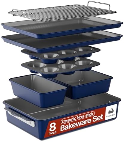 Bakken 8-Piece Ceramic Coated Bakeware Sets, Nonstick Aluminized Steel Pans with Muffin, Loaf, Cake, Roasting Pan, & Cooling Rack, Oven Safe Up To 500°F, Dishwasher Safe, BPA, PTFE & PFAS Free, Blue