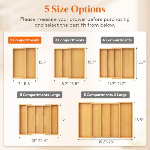 Lifewit Bamboo Utensil Organizer for Kitchen Drawer, Cooking Utensil Tray