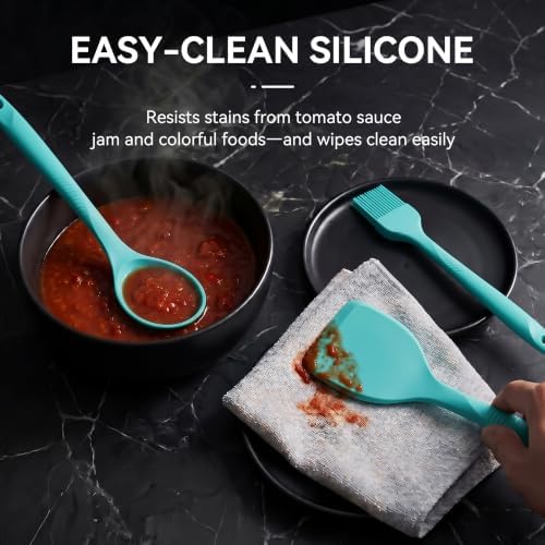 Silicone Cooking Utensils Set - 600°F Heat Resistant, Nonstick Kitchen Utensil Set with Spatulas, Spoons, Whisk, Tongs, BPA Free, Dishwasher Safe (Teal)