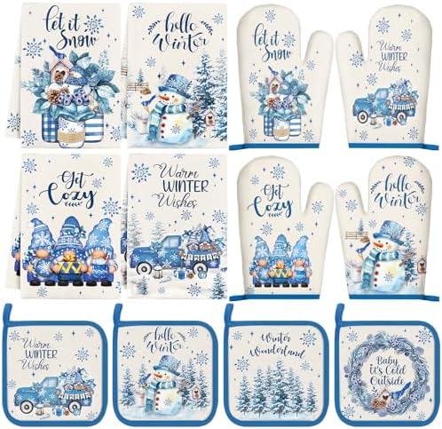 SiliFine 12 Pcs Winter Kitchen Towels Pot Holders and Oven Mitts Set 4 Blue Gnomes Dish Towels 4 Snowman Oven Mitts 4 Let It Snow Potholders for Xmas Dish Baking Decorative