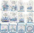 SiliFine 12 Pcs Winter Kitchen Towels Pot Holders and Oven Mitts Set 4 Blue Gnomes Dish Towels 4 Snowman Oven Mitts 4 Let It Snow Potholders for Xmas Dish Baking Decorative
