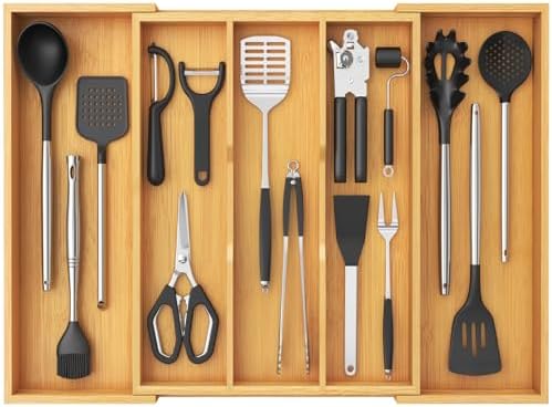 Lifewit Bamboo Utensil Organizer for Kitchen Drawer, Cooking Utensil Tray