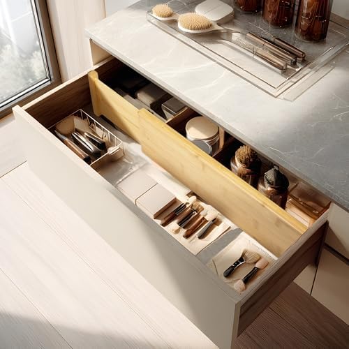 VaeFae 6 Pack Bamboo Drawer Dividers, 4" High Adjustable 16.6" - 21.8" Clothes Drawer Organizers, Expandable Separators for Bedroom/Bathroom/Kitchen/Office Storage