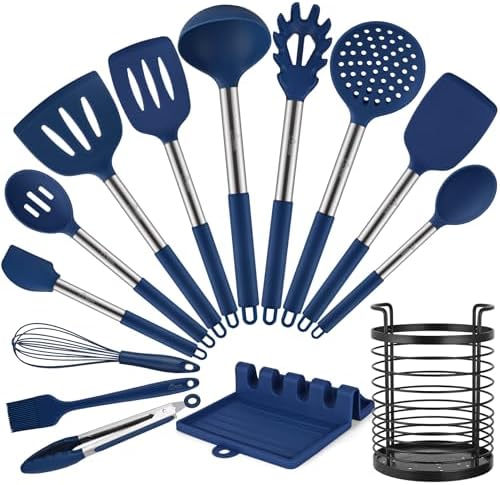 HOTEC Silicone Kitchen Cooking Utensils Set, 14pcs Classic Blue
