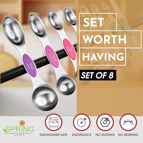 Spring Chef Stainless Steel Magnetic Measuring Spoons Set of 8, Neon