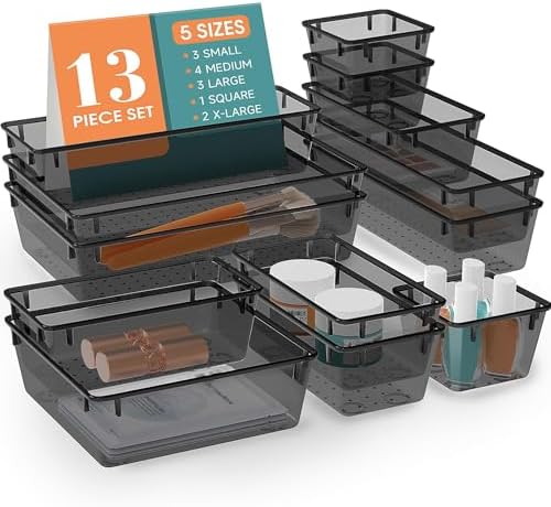 13 PCS Drawer Organizer Set, 5 Size Bathroom and kitchen organizer Trays