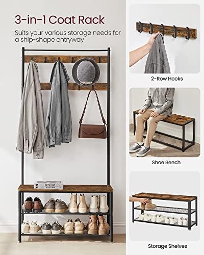 VASAGLE Coat Rack, Hall Tree with Shoe Storage Bench, 3-in-1, Steel Frame