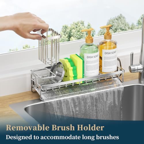 Consumest Sponge Holder for Kitchen Sink - Sink Caddy with Stainless Steel Self Drain Tray, Sink Organizer with High Brush Holder Countertop for Kitchen Sink Accessories, Silver-Extra Large