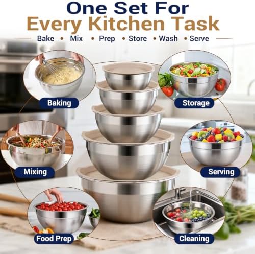 WEPSEN Mixing Bowls Set, 25PCS Khaki Mixing Bowls With Lids Set Stainless Steel Kitchen Large Nesting Metal Bowl 7QT to 1.5QT, Measuring Cups and Spoons for Prepping Cooking Serving