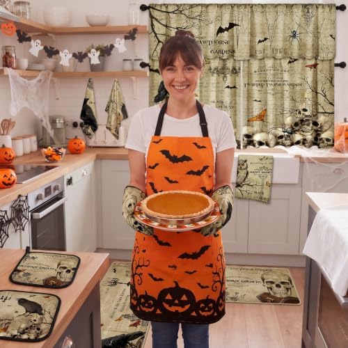 13 Pcs Vintage Gothic Halloween Kitchen Decor Set, Kitchen Rugs Curtain Set