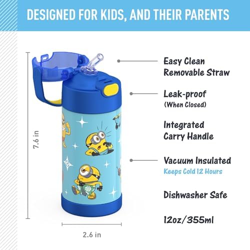THERMOS FUNTAINER Water Bottle with Straw - 12 Ounce - Kids Stainless Steel Vacuum Insulated Water Bottle with Lid, Minions