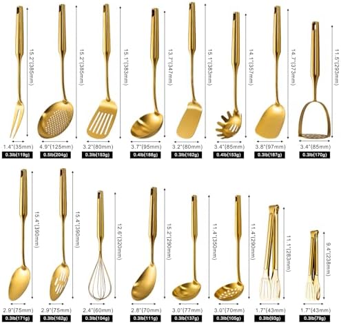 304 Stainless Steel Small and Large Spoons Set, Gold Cooking Utensils Set 16 PCS All Metal Kitchen Tools, Serving Utensils - Masher，Whisk, Fork, Tongs, Turner, Ladle, Spatula，Skimmer, Pasta
