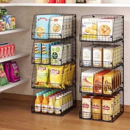 Jakyitvi 4 Pack XXL Stackable Wire Storage Basket, Extra Large Capacity Pantry Organizer and Storage, Muti-Purpose for Fruit Vegetable Basket & Toy Bin & Snack Organizer