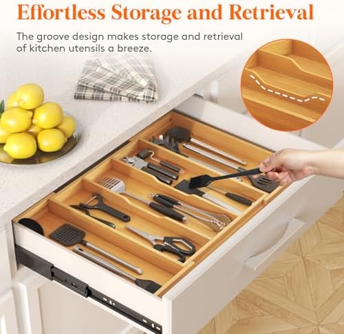 Lifewit Bamboo Utensil Organizer for Kitchen Drawer, Cooking Utensil Tray