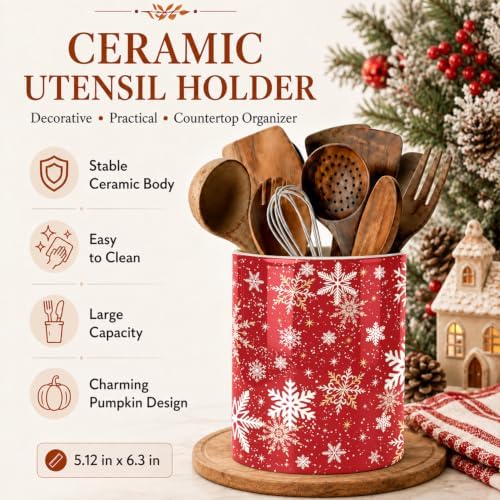 Christmas Snowflake Red Kitchen Utensil Holder, Xmas Winter Large Ceramic Utensil Holder For Countertop Organizer, 6.3'' Cooking Utensil Crocks Festivel Decor Utensil Storage Cup for Kitchen