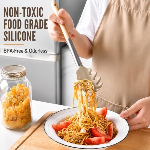 Silicone Kitchen Utensils Set, 9 Pcs Full-Size Non-Toxic Cooking Utensils with Wooden Handles & Stainless Steel Core, Heat Resistant Food Grade Kitchen Gadgets for Nonstick Cookware