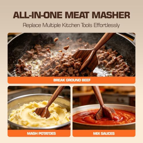 Teak Wooden Meat Chopper, Ground Beef Chopper Tool, Hamburger Smasher, Potato Masher & Chicken Shredder, Durable Wood Meat Pounder Kitchen Utensil, Cooking Gadget 10.5 Inches（RedTeak）
