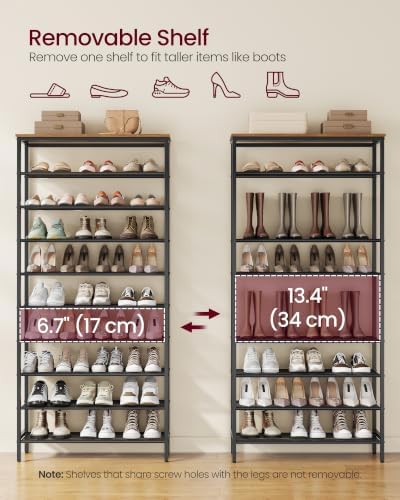 VASAGLE Shoe Rack with 9 Mesh Shelves and 1 Large Top for Bags, Steel Frame