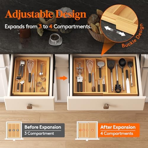 Lifewit Bamboo Utensil Organizer for Kitchen Drawer, Cooking Utensil Tray