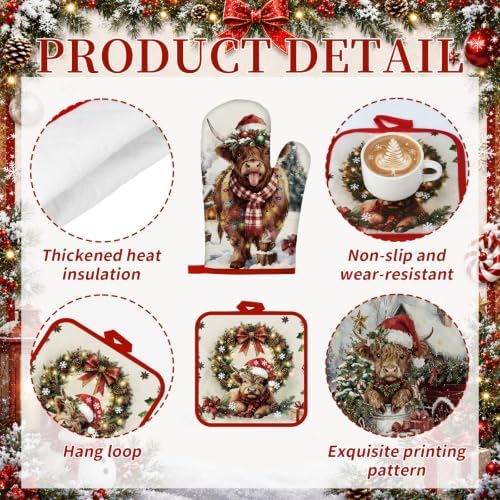 Fanfanwin 10 Pcs Christmas Highland Cow Kitchen Decor and Accessories Set Farmhouse Rustic Kitchen Towels Pot Holders Oven Mitts Rugs and Tape for Baking Cooking BBQ Housewarming Gifts