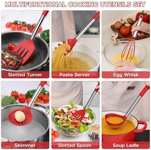 Onader 15 Pcs Silicone Cooking Utensils Set, Red Kitchen Utensils Spatula Set with Holder, Large Kitchen Gadgets Tools for Nonstick Cookware