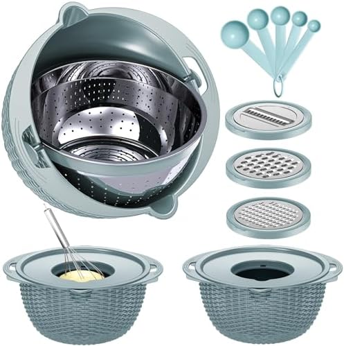 4-1 Strainer with Bowl & Spoons Set - Strainers and Colanders(Patented) - Colanders for kitchen - Food Strainer with New Upgraded Graters & Spoons - Fruit Bowl for Pasta Fruits Veggie- Blue