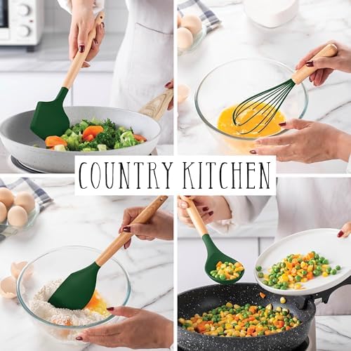 Country Kitchen Non Stick Silicone Utensil Set with Rounded Wood Handles for Cooking and Baking, 14 Piece Set, Green