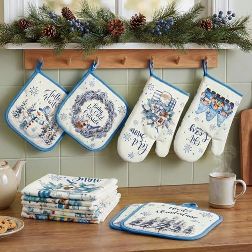 SiliFine 12 Pcs Winter Kitchen Towels Pot Holders and Oven Mitts Set 4 Blue Gnomes Dish Towels 4 Snowman Oven Mitts 4 Let It Snow Potholders for Xmas Dish Baking Decorative