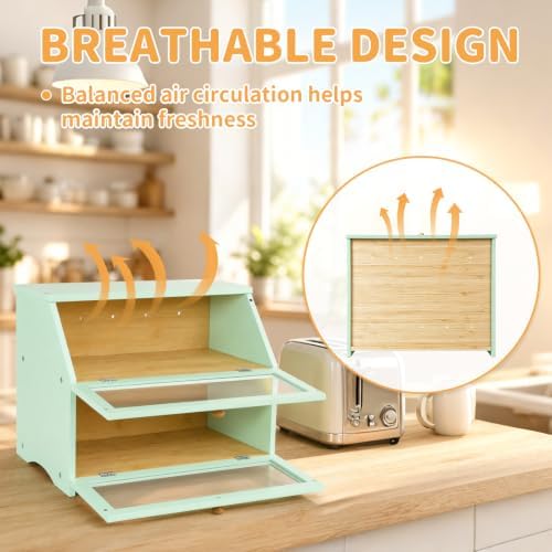 HOMEKOKO Double Layer Bread Boxes for Kitchen Countertop, Mint Green
