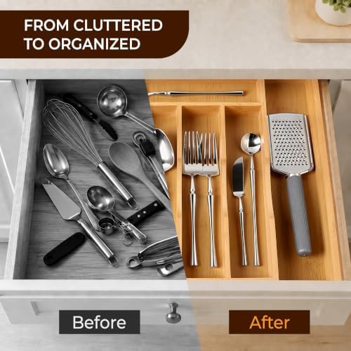 2-Piece Bamboo Silverware Organizer, Expandable Kitchen Drawer Organizer for Cutlery and Utensils, Multifunction Adjustable Bamboo Wood Cutlery Tray in Drawer for Flatware, (Natural)