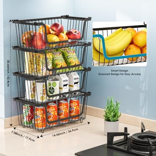 4 Pcs Stackable Wire Baskets Pantry Organizers and Storage Bins,Black