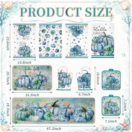 Fanfanwin 10 Pcs Fall Pumpkin Kitchen Decor Set Kitchen Towels Pot Holders Oven Mitts and Rugs Set Thanksgiving Towels for Baking Cooking BBQ Autumn Home(Ocean Pumpkin,Navy Blue,10)