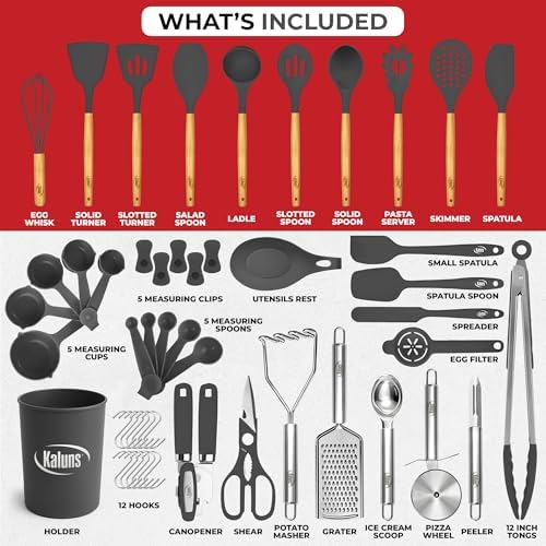 Kaluns 50 PCS Silicone Kitchen Utensils Set Complete Kitchen Set - 800°F Heat Resistant Non-Stick Premium Silicone Cooking Utensils W Wooden Handles - Can Opener, Masher, Turner, Silicone Spatula Set