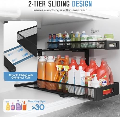 2 Pack 20.47IN Depth Under Sink Storage Organizer, Large 2-Tier Elegant Mesh Pull Out Shelf for Kitchen and Bathroom Cabinet Organization, L-Shaped and Adjustable Height Design-Black