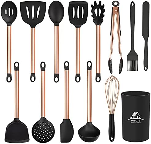 MIBOTE Silicone Cooking Kitchen Utensils Set, Wooden Handle, Coffee