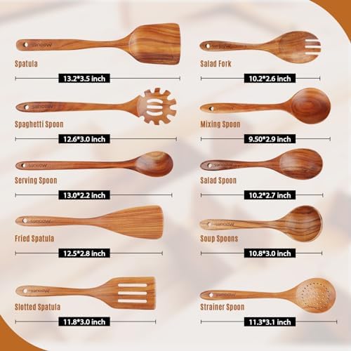 Mooues Wooden Spoons for Cooking, Wooden Utensils for Cooking Natural Teak Wooden Kitchen Utensils Set Comfort Grip (10 PCS SET)