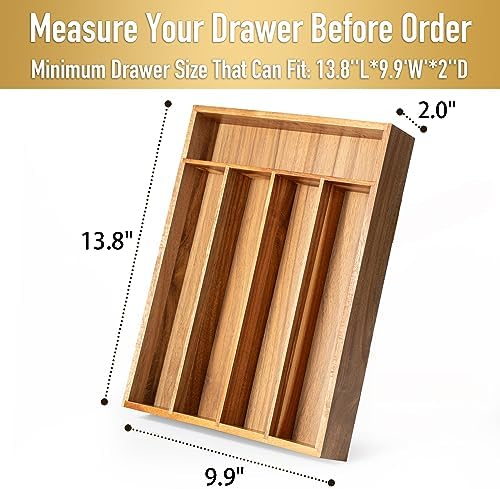 Besilord Silverware Organizer Kitchen Drawer Organizer Utensil Organizer Acacia Silverware Holder Cutlery Organizer in Drawer Flatware Organizer Tray(5 slots, Acacia
