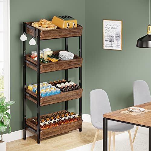 Tribesigns Wood Fruit and Vegetable Basket Stand Rack for Kitchen, Office, Store, Supremarket, Pantry Shelf Unit for Snacks, 4-Tier Wooden Utility Storage Shelves (1, Brown+Black)