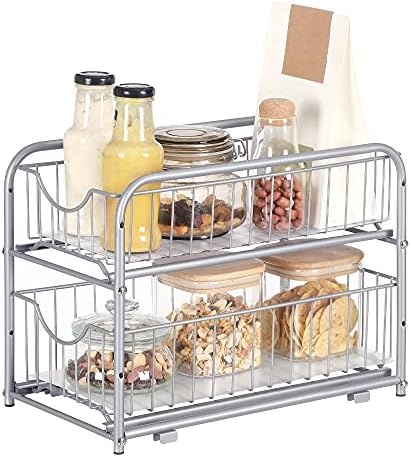 SONGMICS 2-Tier Pull Out Cabinet Organizers, Under Sink Organizer, Bathroom Organizer and Storage, Sliding Basket Drawers, Stackable for Kitchen, Bathroom, Metallic Silver UKCS017E01