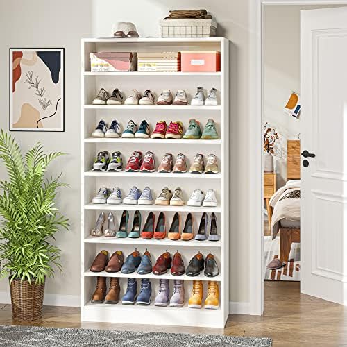 Tribesigns Shoe Cabinet, 9 Tiers 40-45 Pairs Heavy Duty Wood Freestanding Shoe Storage Cabinet, 70.8'' Tall Shoe Organizer with Open Storage for Entryway, White