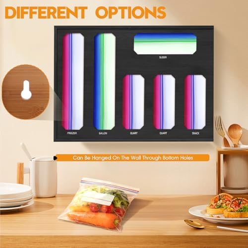 6 in 1 Bamboo Ziplock Bag Storage Organizer, Black Baggie Organizer for Drawer with Sliding Lid - Fits Gallon, Quart, Sandwich, Snack &Freezer Bags, Wall Mountable Kitchen Drawer Organization